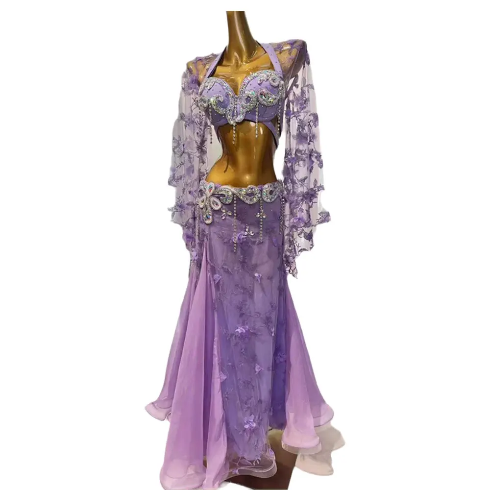 Bauchtanz-Kleid für Erwachsene mit Strasssteinen, High-End-Mesh, Blumenstickerei, professionelle Samba-Kleidung für Damen