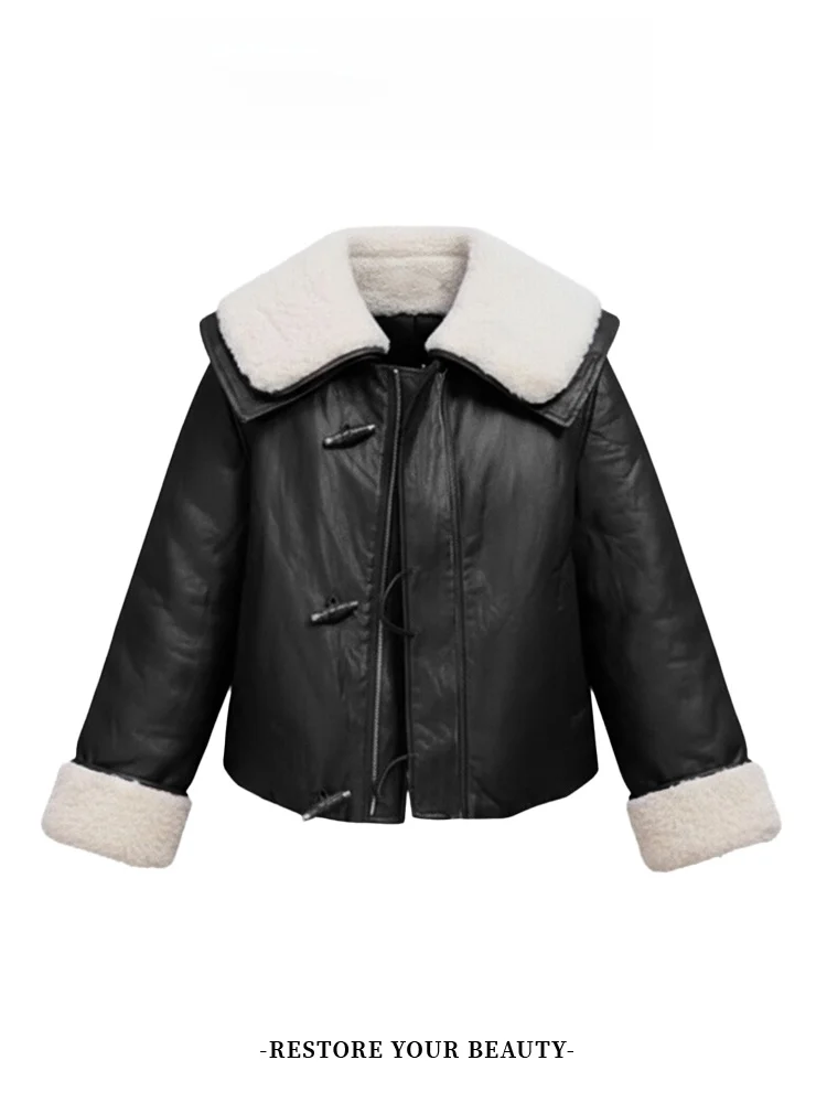 Vintage Fce Lined Leather Jaet Women's Loose Versatile Sli Agel Winter Coat Casual Ele Faionable Top