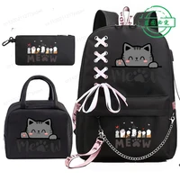 Mochila Escolar para Estudiantes Adolescentes, Linda Mochila Kawaii con Diseño de Gato Anime, con Bolsas Portátiles para el Almuerzo, 3 Piezas