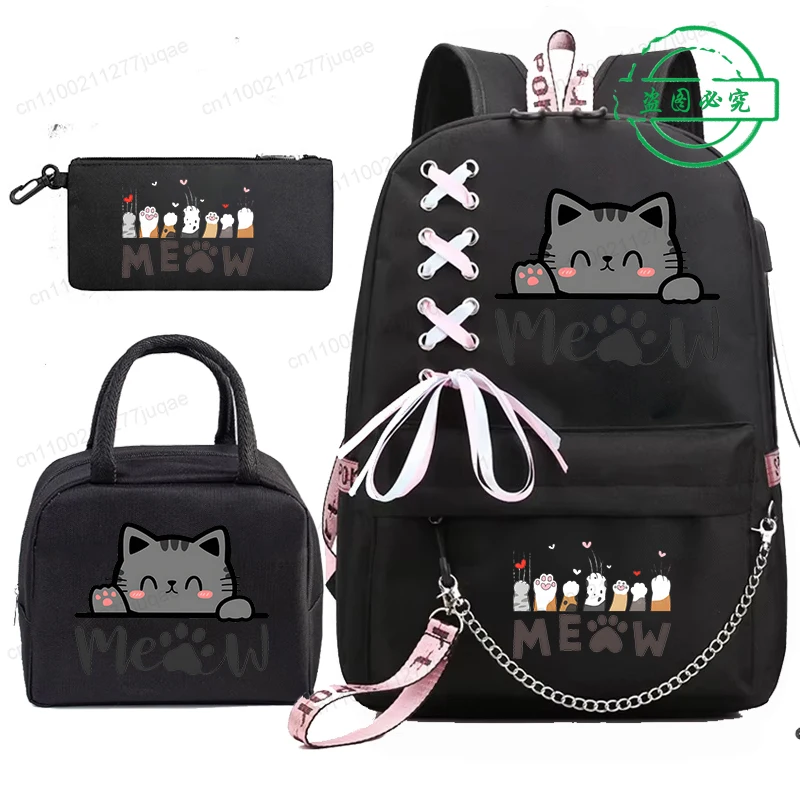 Mochila School Backpack Student Teenager Schoolbag Bag Kawaii Cute Cat Anime Bookbag with Portable Lunch Bags 3pcs