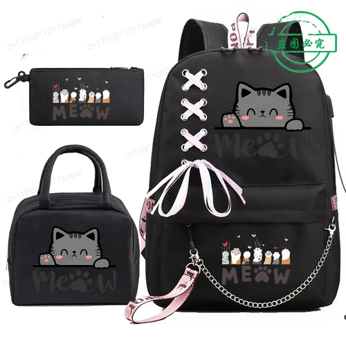 Imagen 1 del producto Mochila Escolar para Estudiantes Adolescentes, Linda Mochila Kawaii con Diseño de Gato Anime, con Bolsas Portátiles para el Almuerzo, 3 Piezas