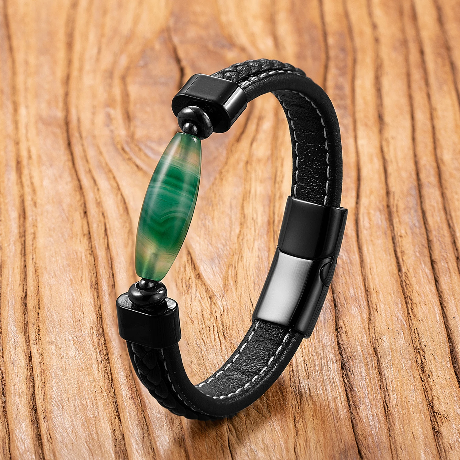 Charm Man Natural Water Drop Agate Stone Bracelet Black Weave Leather Bracelets Chain Men Women Jewelry Gift