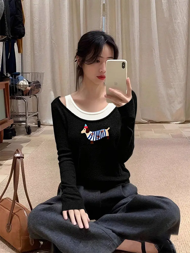 

Faionable Embroidered ort Knitted Base irt Women's Autumn Winter Design Sense Sweater Inner ort Top Regular Fit