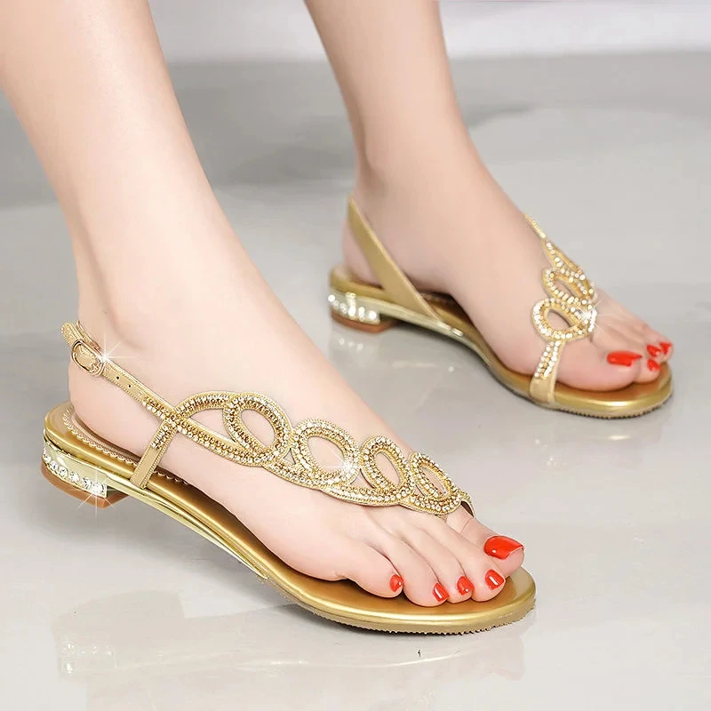 Women's Stylish Elegant 2024 New Shiny Brick Rhinestone Sandals Soft Leather Bottom Flip-flops Korean Version Beach Shoes