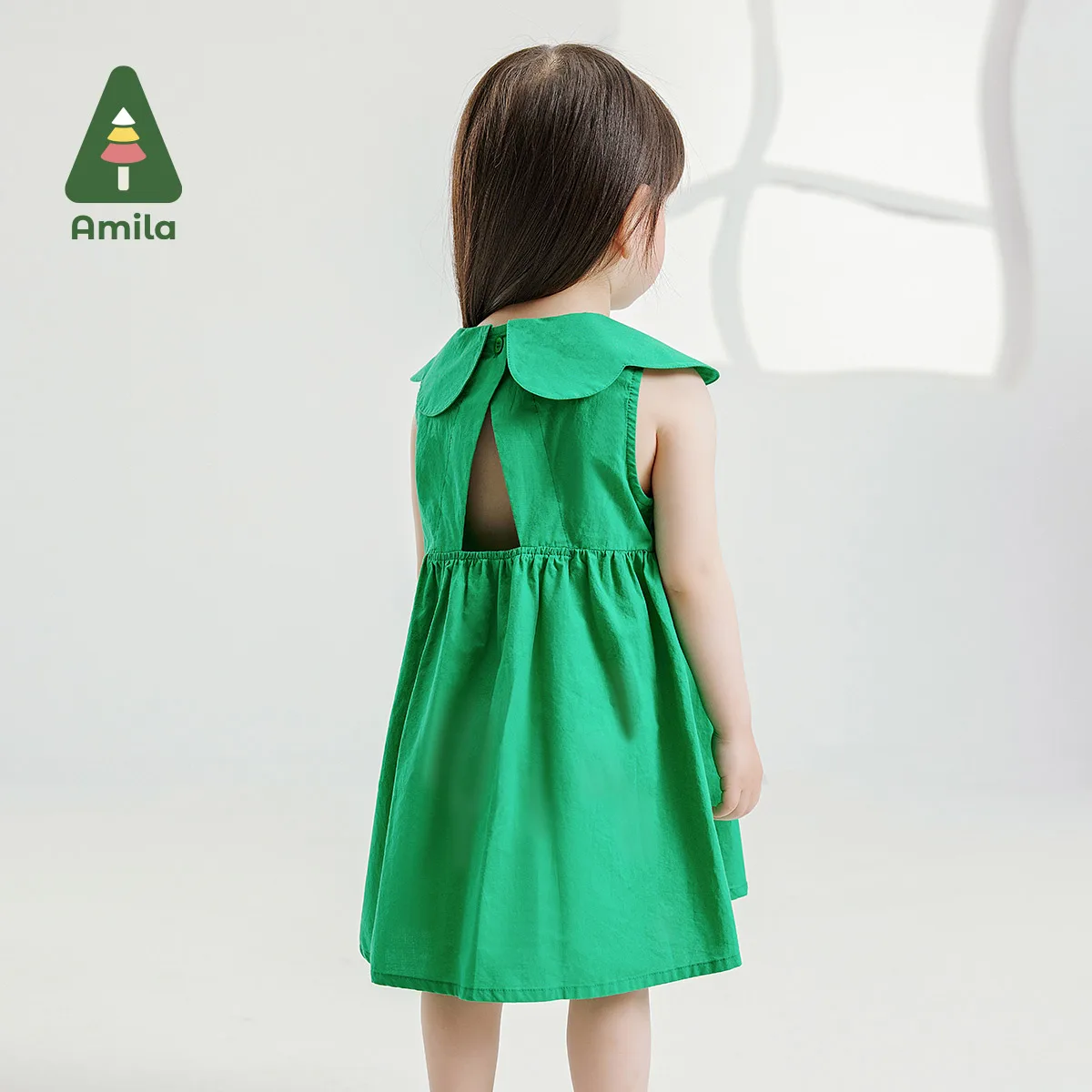 Amila Baby Girls Dress Summer 2024 New 100% Cotton Sweet Solid Color Doll Collar Flower Decorated Dress Kids Clothing 0-6Y