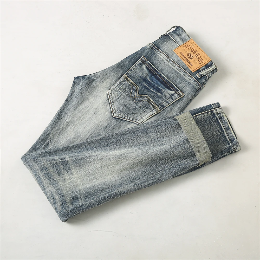 Italian Designer Men Jeans High Quality Retro Gray Blue Elastic Stretch Slim Fit Ripped Jeans Men Embroidery Vintage Denim Pants