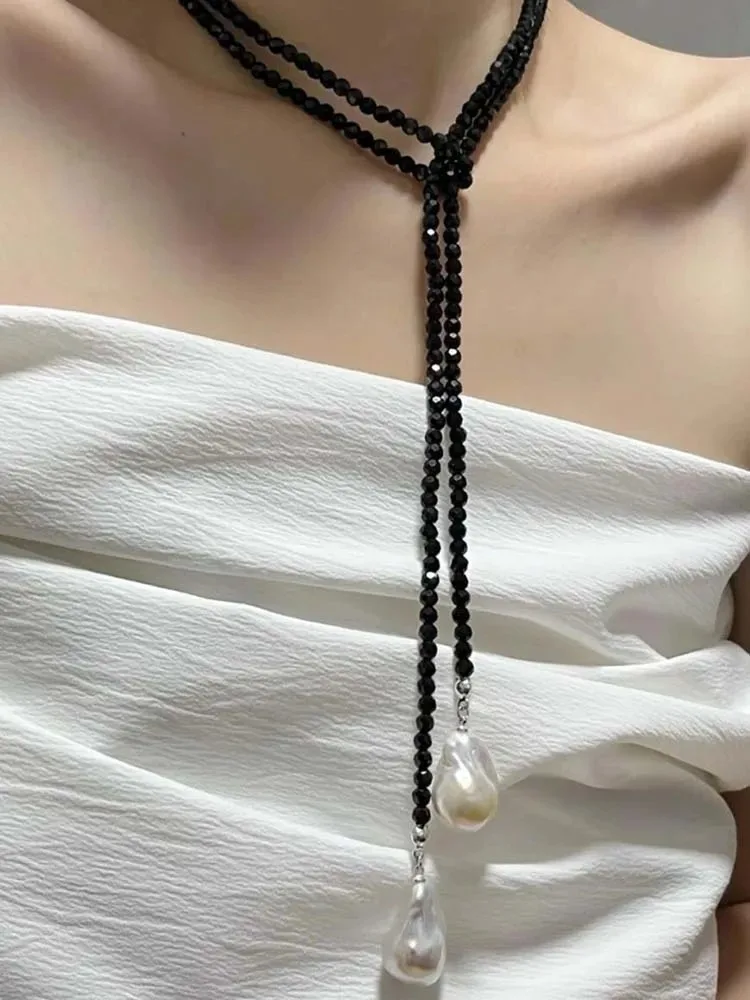 Retro Alien Irregular Baroque Pearl Pendant Necklace for Women Vintage Green Black Crystal Bead Long Necklace Neck Chain Jewelry image 2