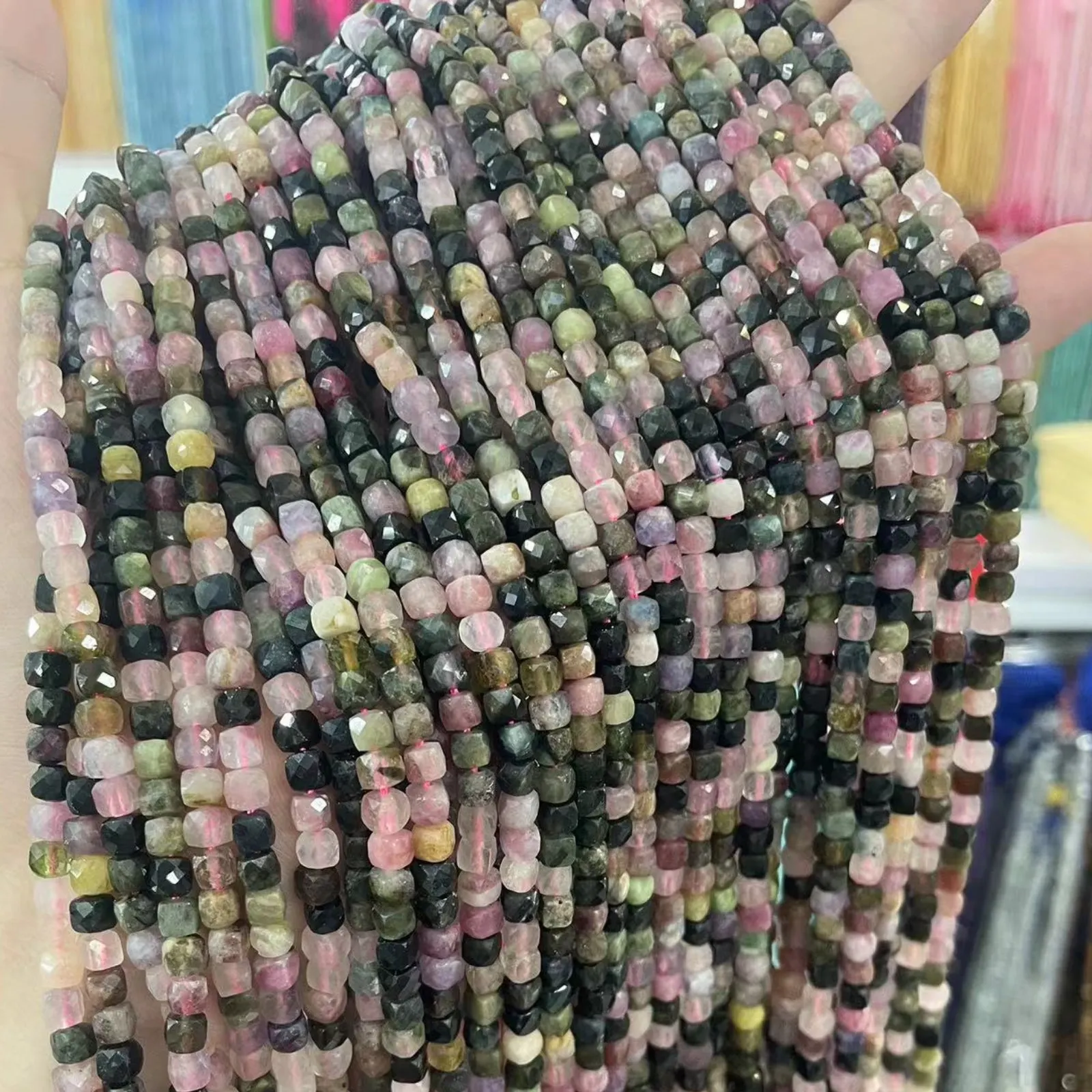 

Natural Stone Beads AAA Faceted Multicolor Tourmaline Cube Gemstone Spacer Beads For Jewelry Making DIY Bracelet Necklace 4-5MM