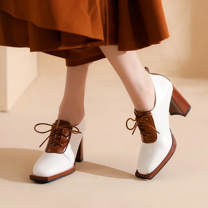 

2025 Soft Leather Thick High Heel Shoes Womens British Style Retro Square Lace-up Temperament Heel Shoes Fashion Pumps