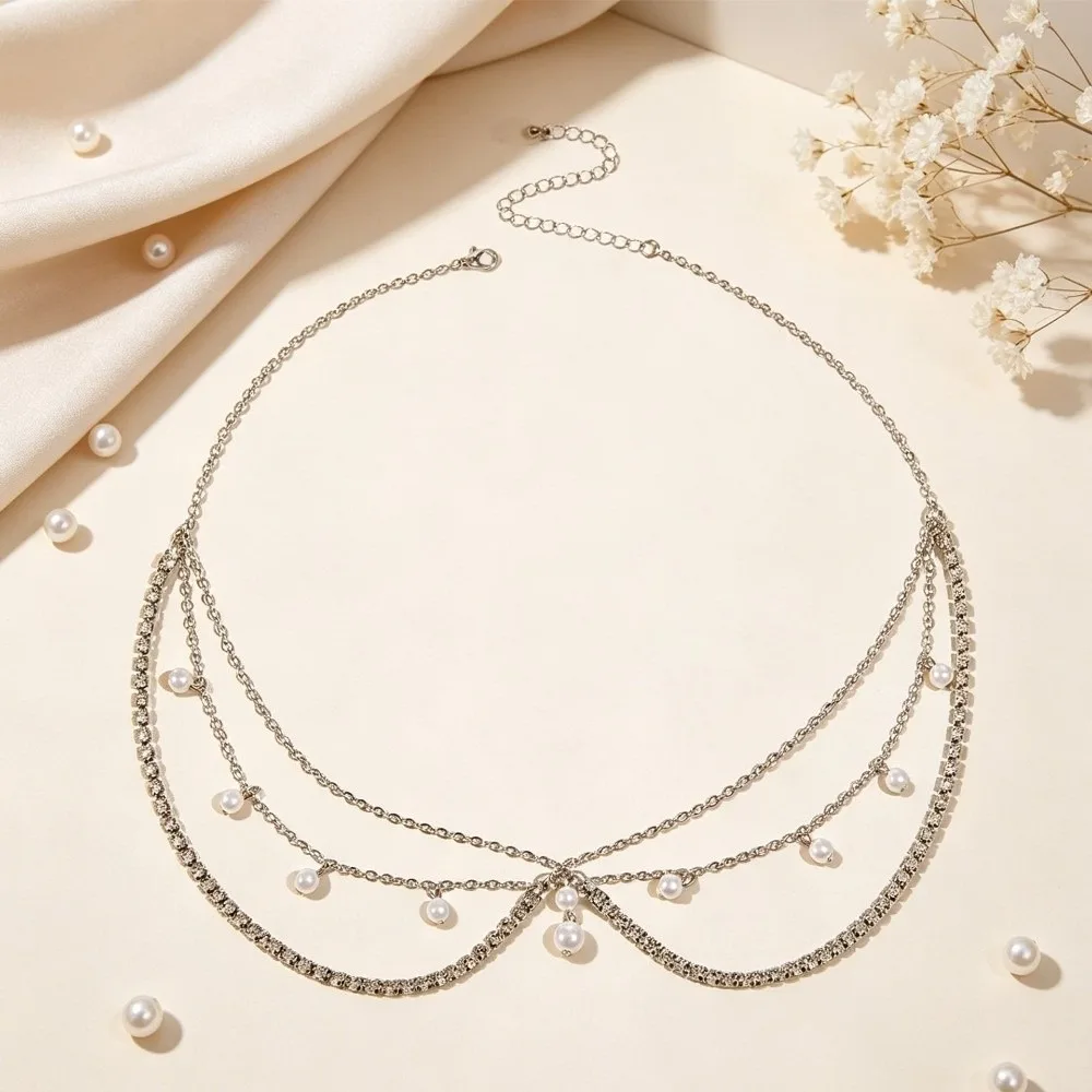 Simulated Pearl Luxury Forehead Headpiece Rhinestone Crystal Multi-Layer Bohemian Hair Chain Vintage Long Tassels