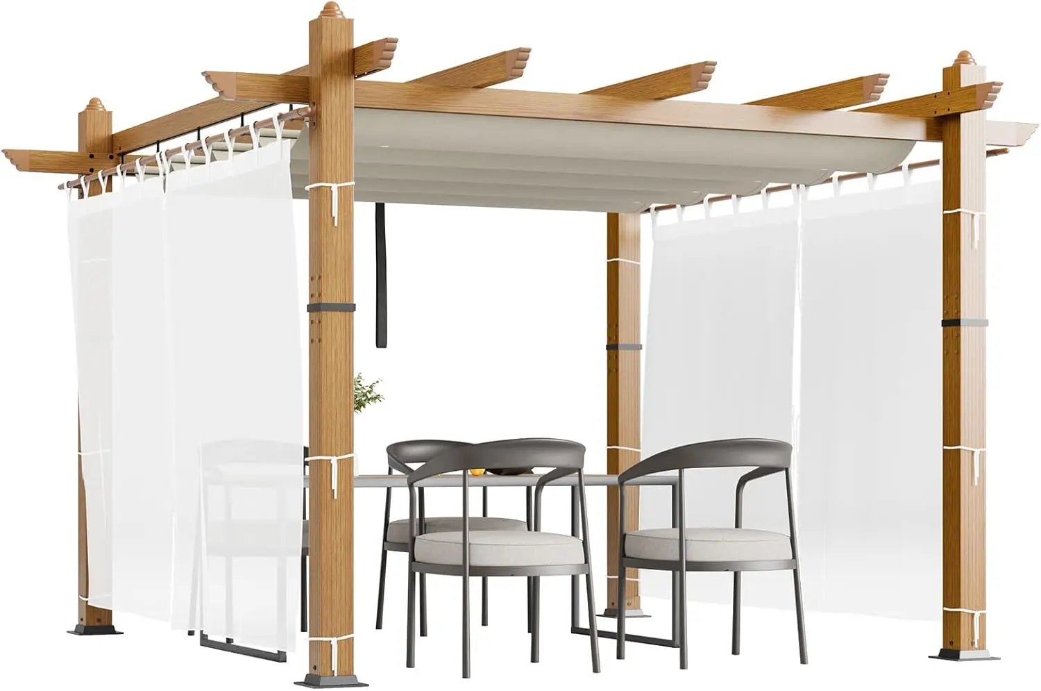 

10x10 Ft Retractable Outdoor Pergola with Canopy and Side Mesh Upgraded Wood Grain Aluminum Pergola Modern Pavilion for Backyard