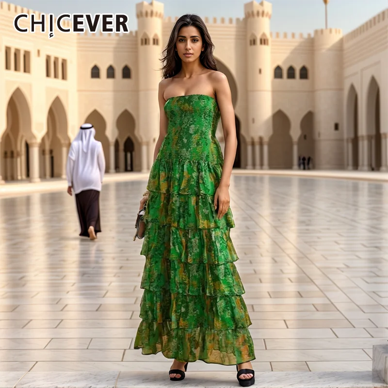 

CHICEVER Print Elegant Dresses For Women Strapless Sleeveless Off Shoulder Patchwork Ruffles High Waist Long Dress Female Summer