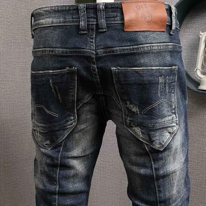Fashion Designer Men Jeans Retro Black Blue Stretch Slim Fit Spliced Ripped Jeans Men High Quality Vintage Denim Pants Hombre