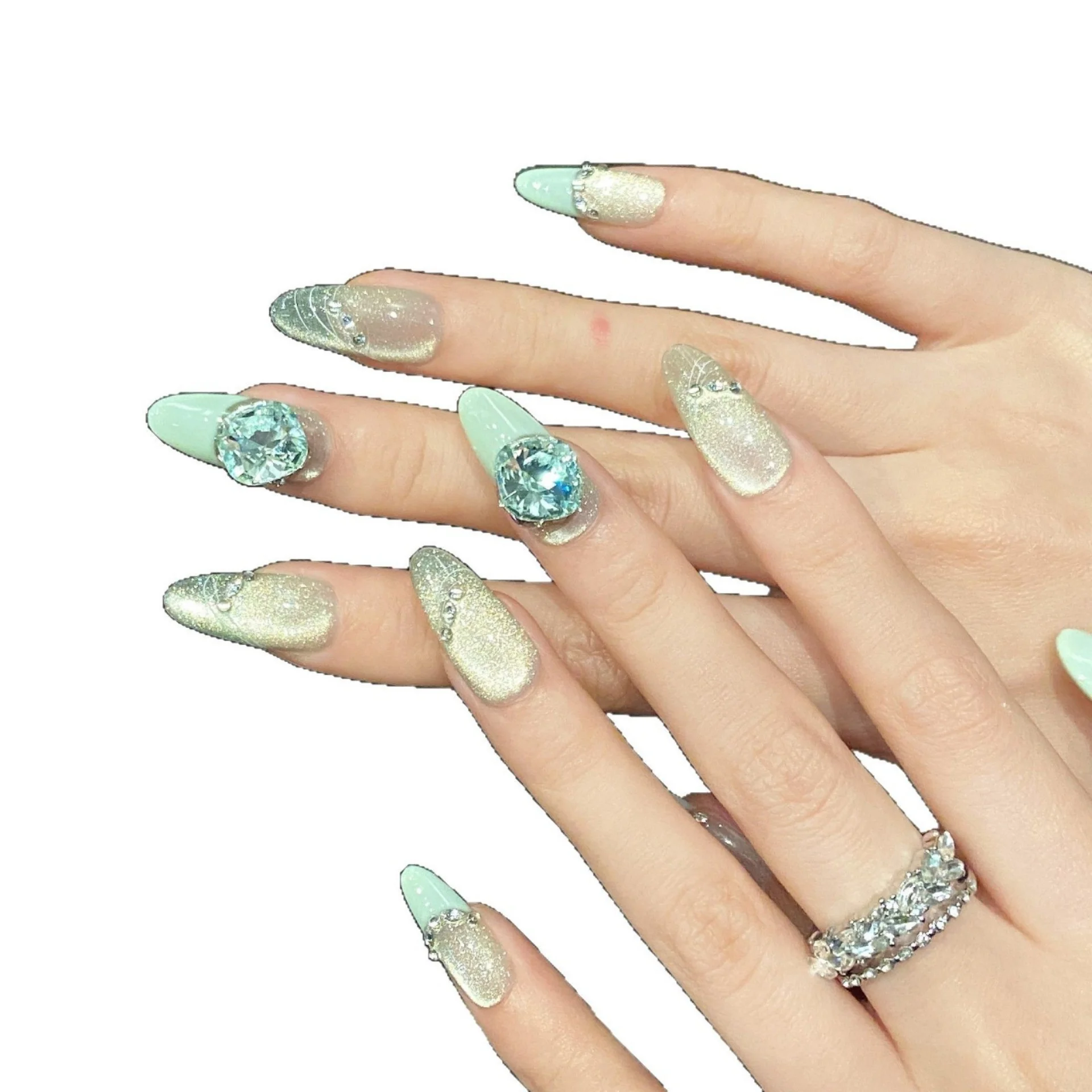 10 Stück mittellange ovale Tipps zum Aufdrücken der Nägel, Katzenauge, französische künstliche Nägel, Kunst-Strass-Design, falscher Nagel, abnehmbare Maniküre-Sets