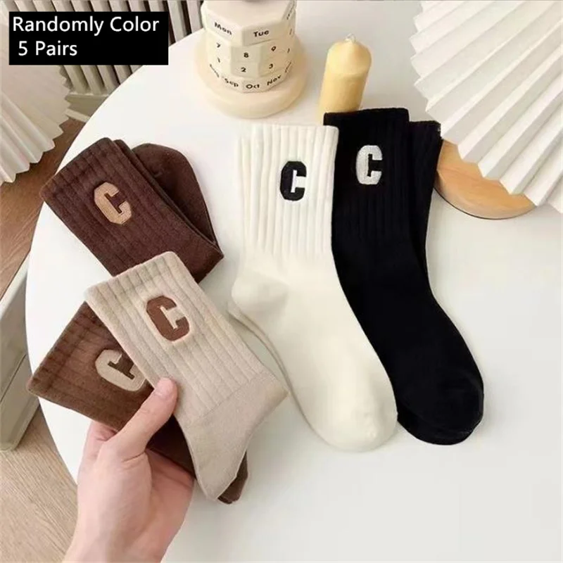 5pairs Combed Embroidered Letter Big R College Style Women\'s Sports Socks Stockings ,woman Socks In All Seasons Fashion Sock