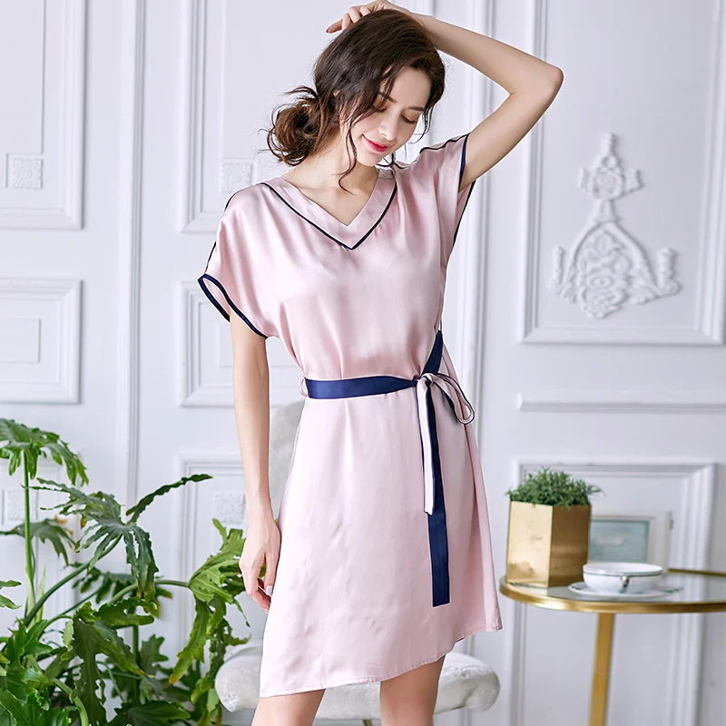 Women's Silk Nightgown Summer Short Sleeve Nightdress Robe V-Neck Sexy Mini Chemise Belted Satin Sleepwear Loose Loungewear PJ