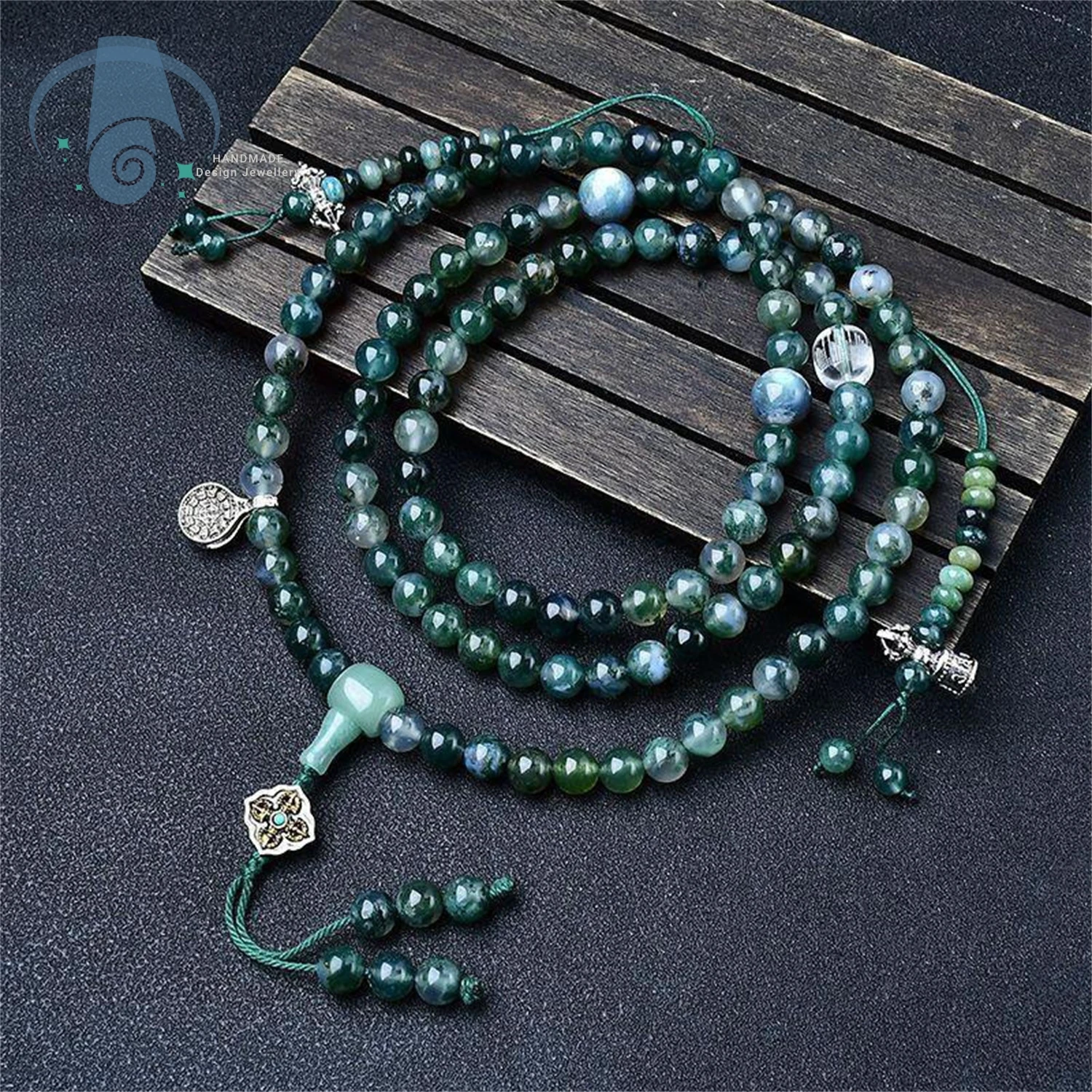 Natural Water Grass Agate 108 Beads Mala Bracelet Necklace Handmade Polished Stone Versatile Jewelry for Men Women Gift Idea