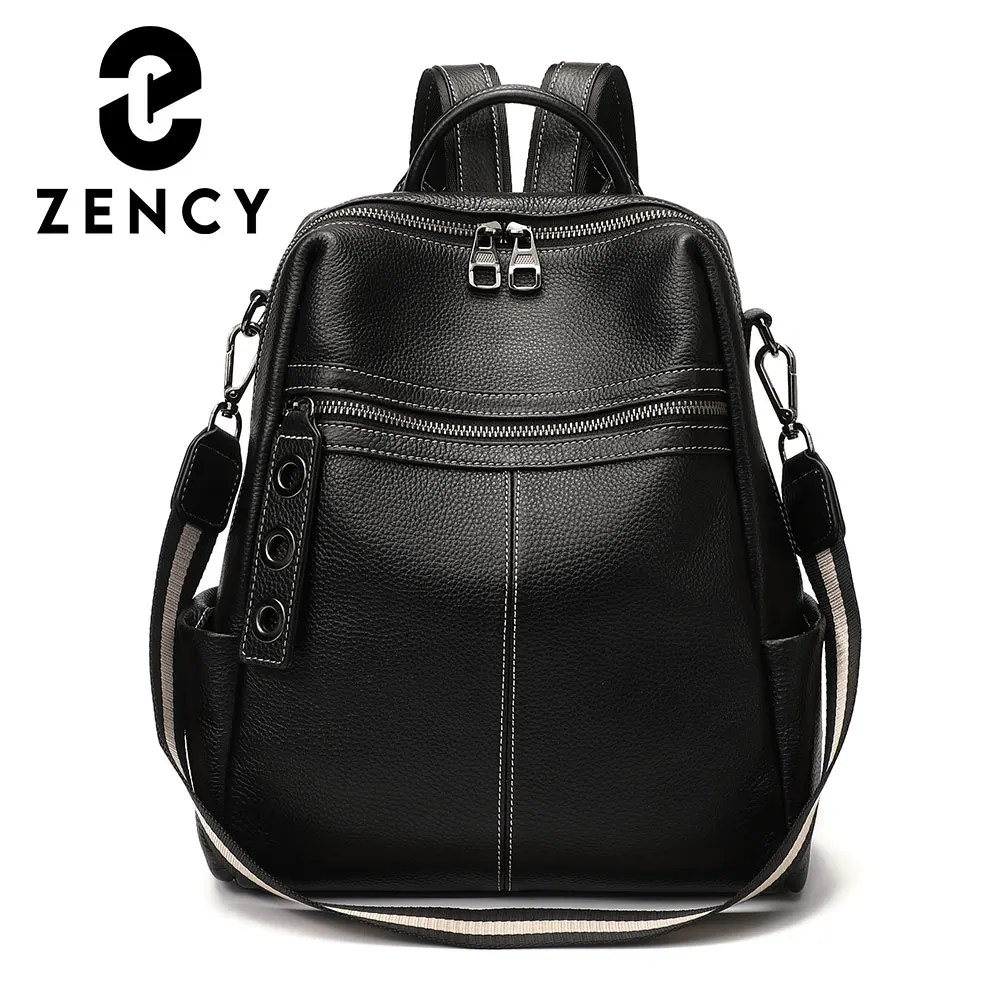 

Zency 100% Genuine Leather Backpack For Women's High Quality Black Shoulder Bag Commuter Travel School Satchel Female Shopper