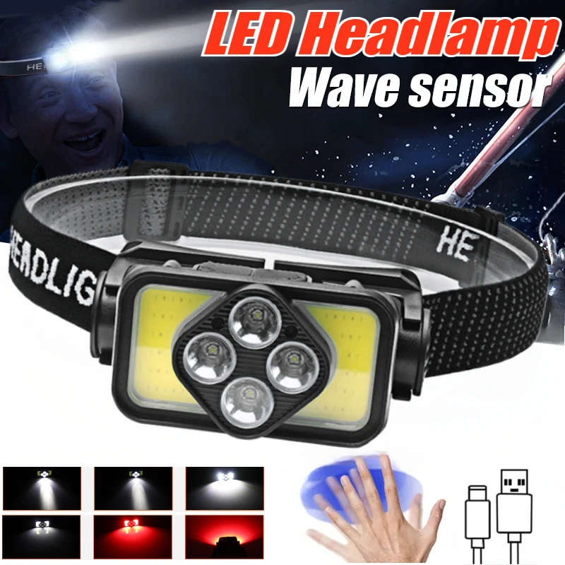 Bright Mini COB/LED Wave Sensor Headlamp Portable Type-C Charging Capacity Display Outdoor Night Fishing Waterproof Head Lamp