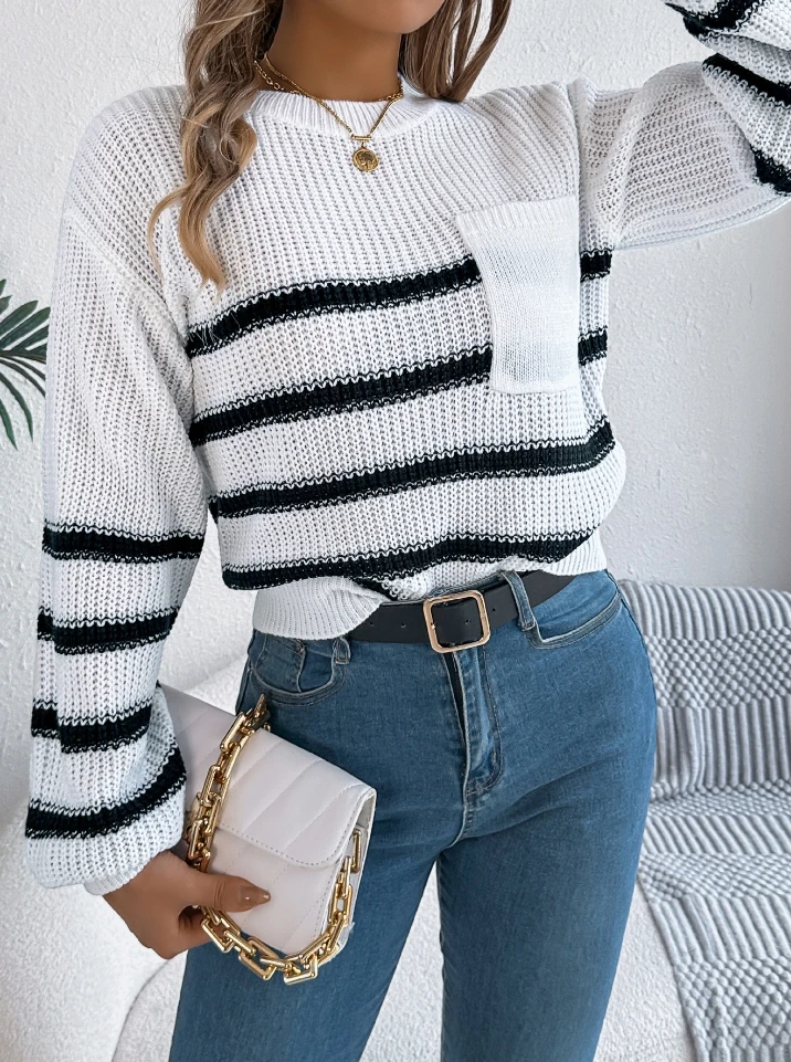 

Casual Contrasting Striped Lantern Sleeve Sweater for Women Winter Clothes Woman Fashion 2025