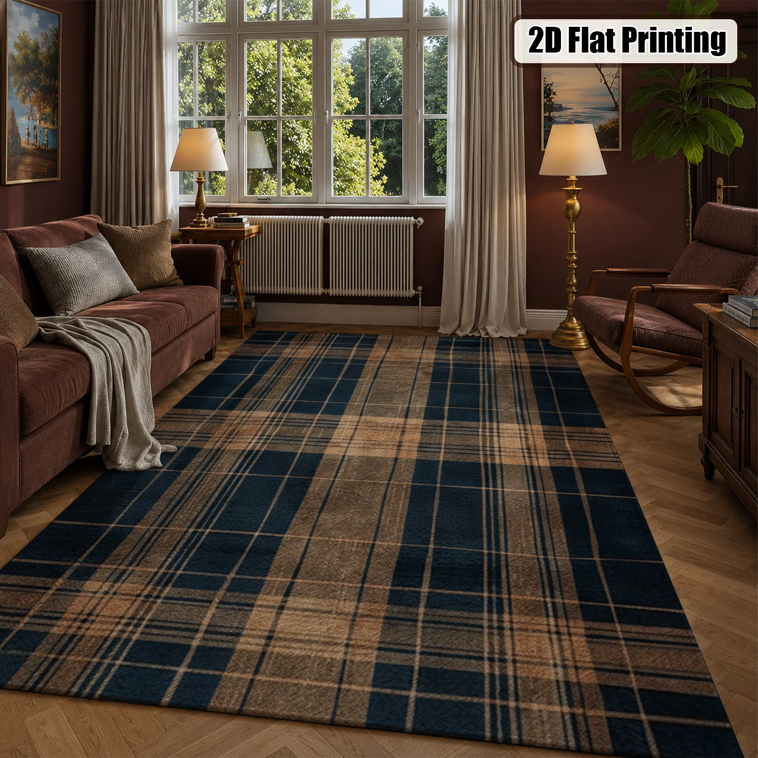 Large Indoor Area Rug, Soft Velvet Low Pile Non-slip Dotted Backing, Machine Washable Vintage Plaid Floor Rug for Living Room, Bedroom, Entryway – Navy & Tan Checkered Decor Rug - view 4