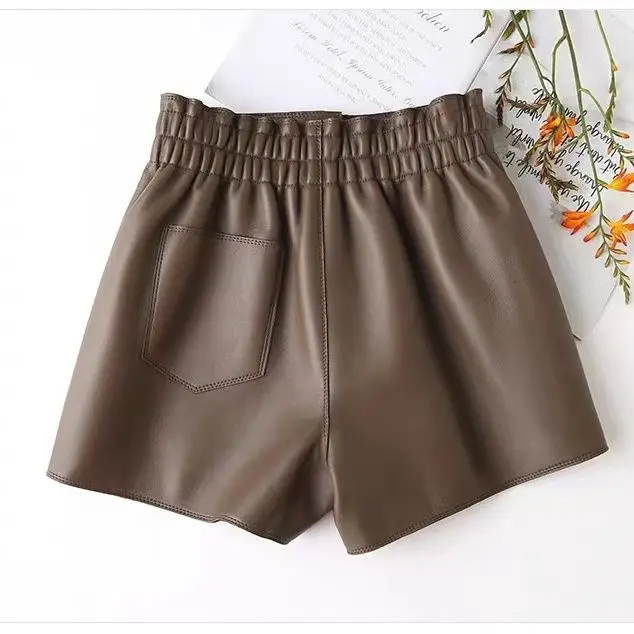 Single-Breasted Leather Shorts Women Autumn Winter New Elastic Waist Design Versatile Slimming Solid Color A-Line Short Culottes