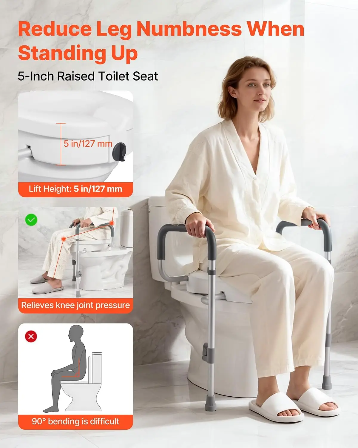 Raised Toilet Seat with Arms, 350 lbs Capacity, 5-Inch Lift Height & Adjustable Width, Widened Commode Elevated Toilet Seat Rise