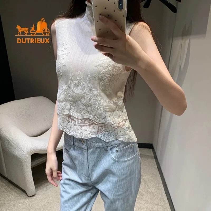 

Summer Lace Patchwork Sleeveless Half Turtleneck Sweater, 100% Real Wool Exquisite Waist and Cuffs Lace Carving Floral Hollow