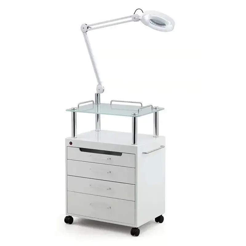 

Beauty Trolley White Salon Furniture Beauty Hair Salon Trolley Cart Trolley with Storage Cabinet Cold Light Embroidery Lamp