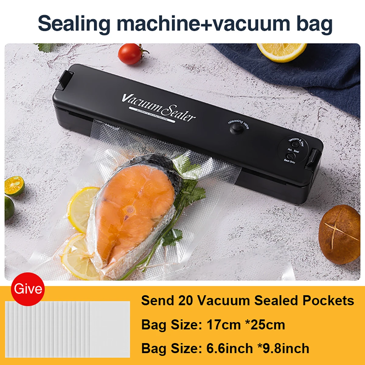 Efficient Food Vacuum Sealer Machine with Air Sealing System,Compact Design for Easy Storage, Accompanied by 20 Starter Seal Bag