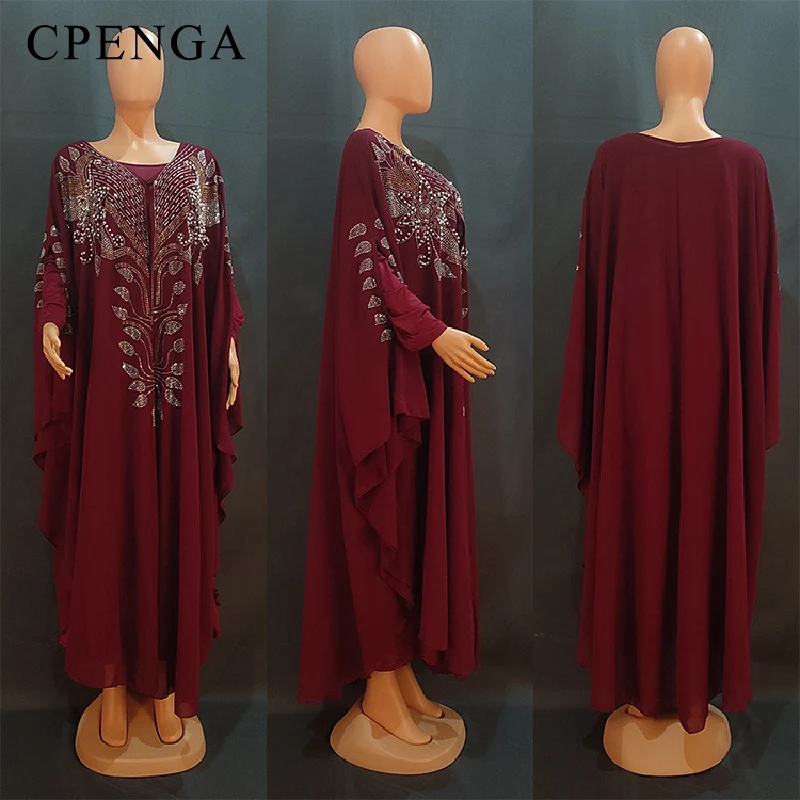 Muslim Bead Abaya for Women Chiffon Kimono Abayas and Long Sleeve Innder Dress 2 Piece Set Elegant African Clothes Boubou Robe