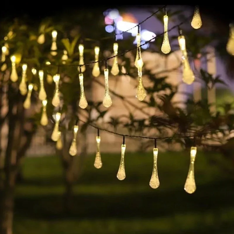 قطرات الماء سلسلة أضواء الشمسية مقاوم للماء الديكور في الهواء الطلق جارلاند Fariy أضواء ديكور حفل زفاف وعيد ميلاد حديقة شجرة #2