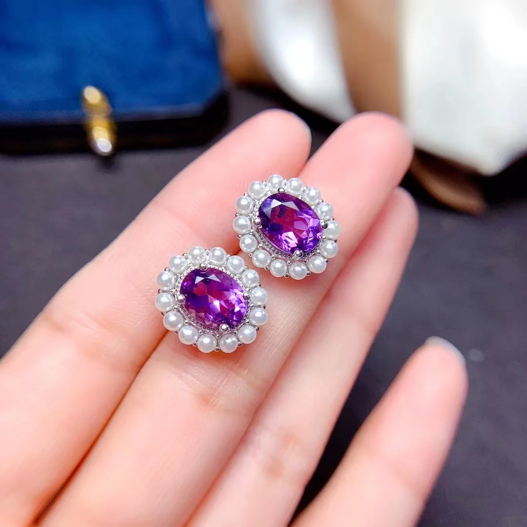 

Natural Amethyst Earrings 7*9mm Large Grain Gemstone Ladies Birthday Gift 925 Sterling Silver Jewelry