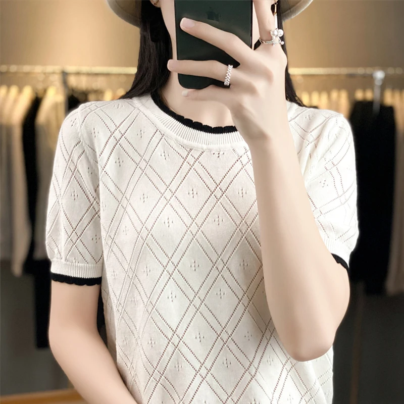 Women O-Neck Short Sleeve Knitted Sweater Shirt Hollow Out Geometric Pullover Tops Solid Slim Cotton Blouse Clothing Female