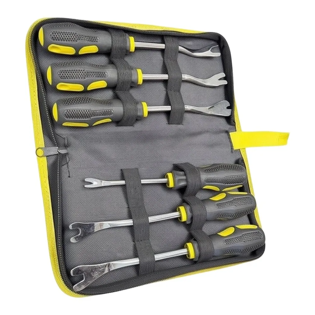 Car Trim Fastener Removal Tool Kit for V-Shaped and U-Shaped Plastic Clips 6-Piece Steel-and-Rubber Set with Hanging Loop