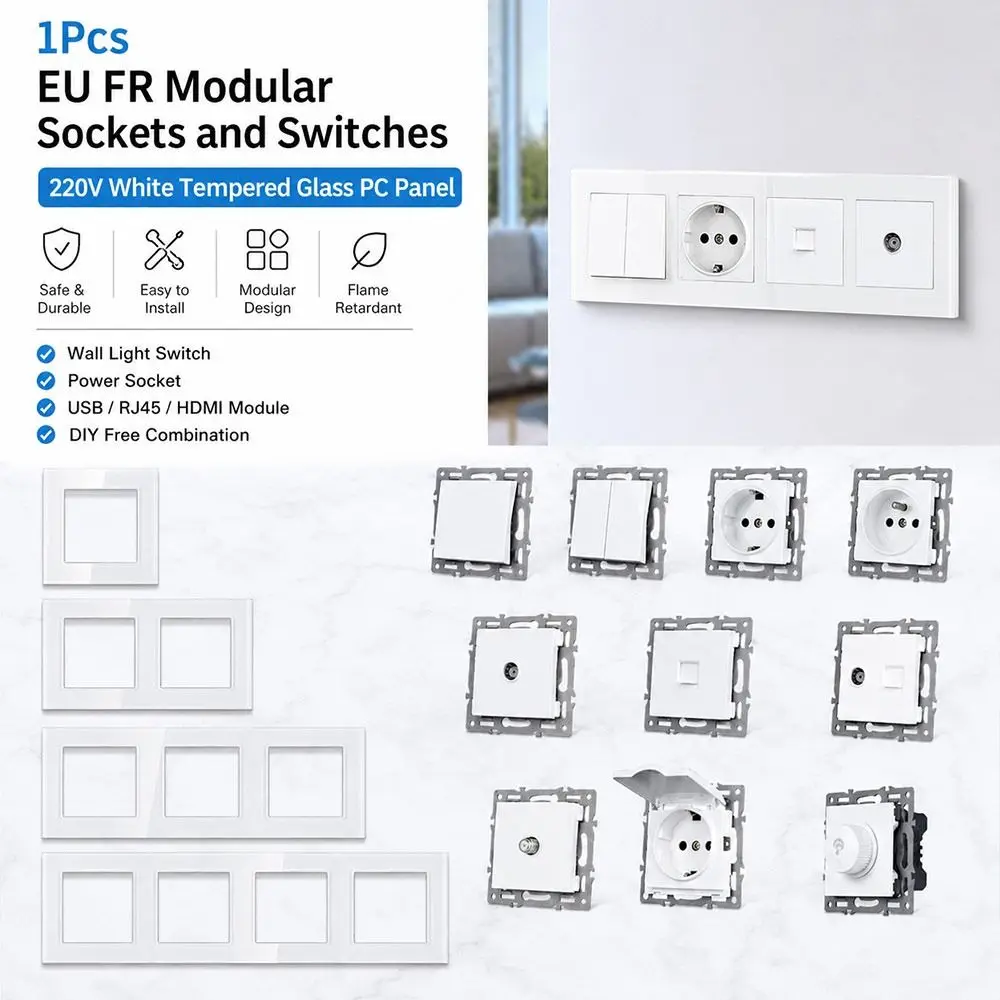 1Pcs 220V 16A 250V Modular Sockets And Switches PC Panel Dual USB Fast Charge Panel Wall Switch RJ45 TV EU French Socket Module