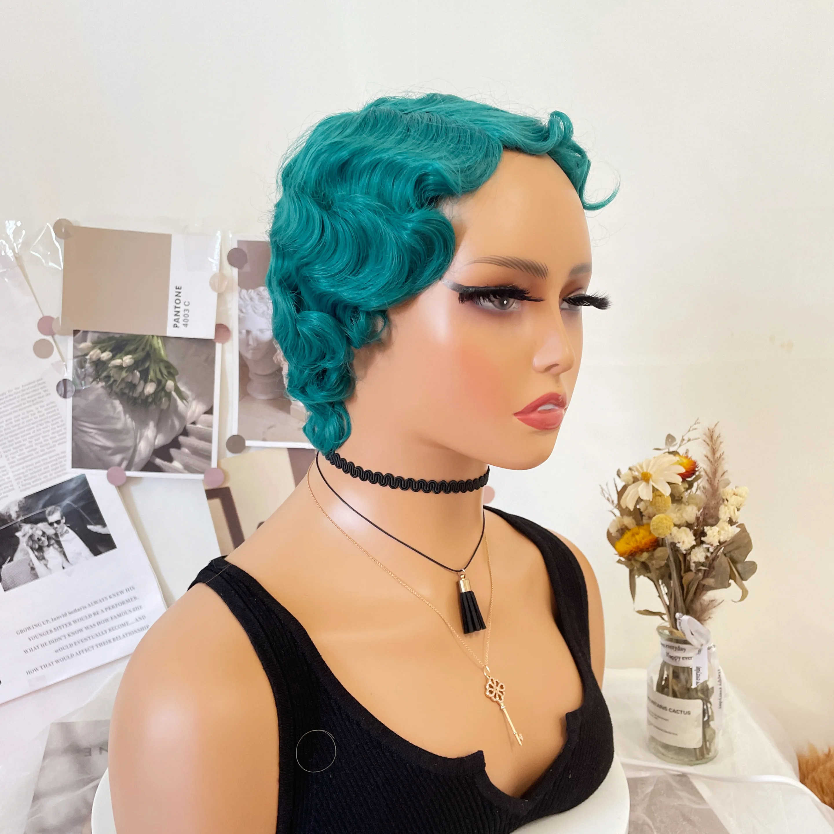 Perucas sintéticas encaracoladas Kinky curtas do cabelo de Cosplay para mulheres, onda do dedo, verde escuro profundo, cabelo falso diário