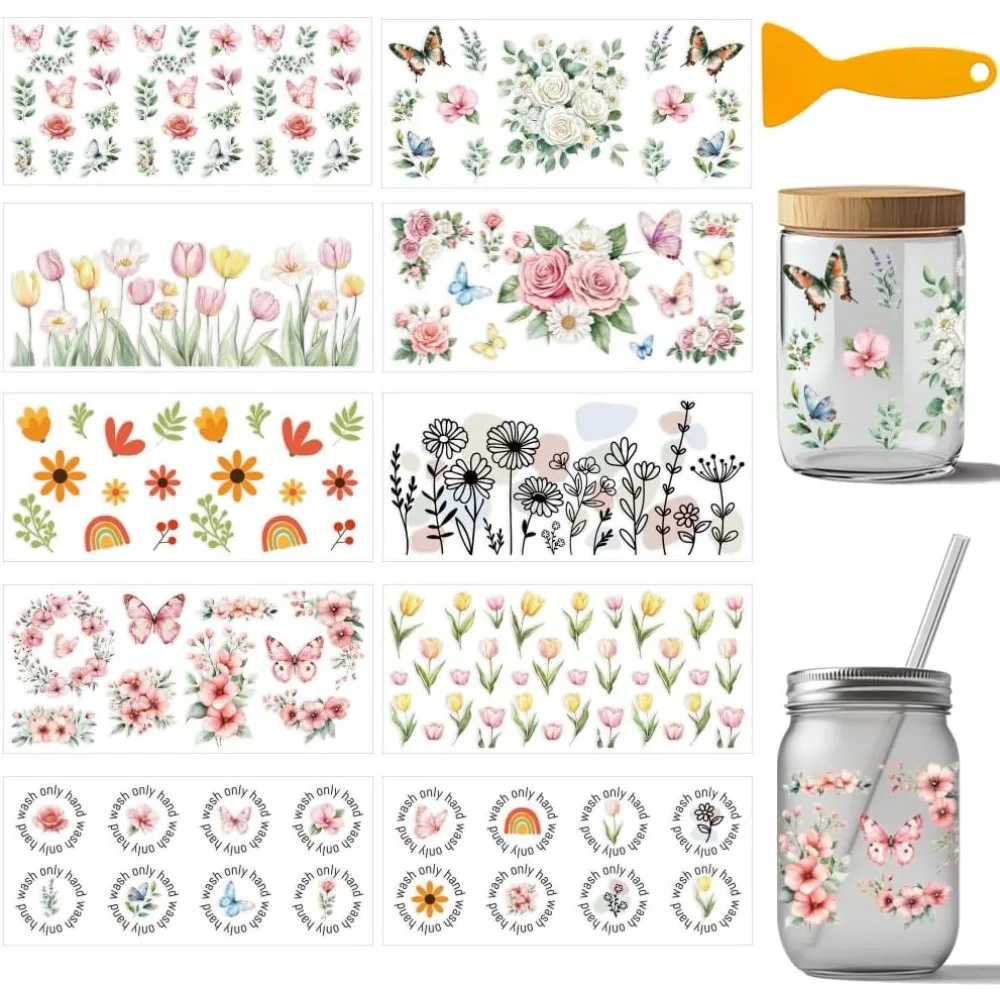 10 Blatt Blumen-Thema UV DTF Becherfolie für 16OZ Gläser – Schmetterlinge, Blumen, Rosen, Tulpen – Abziehbilder, PVC-Transferaufkleber