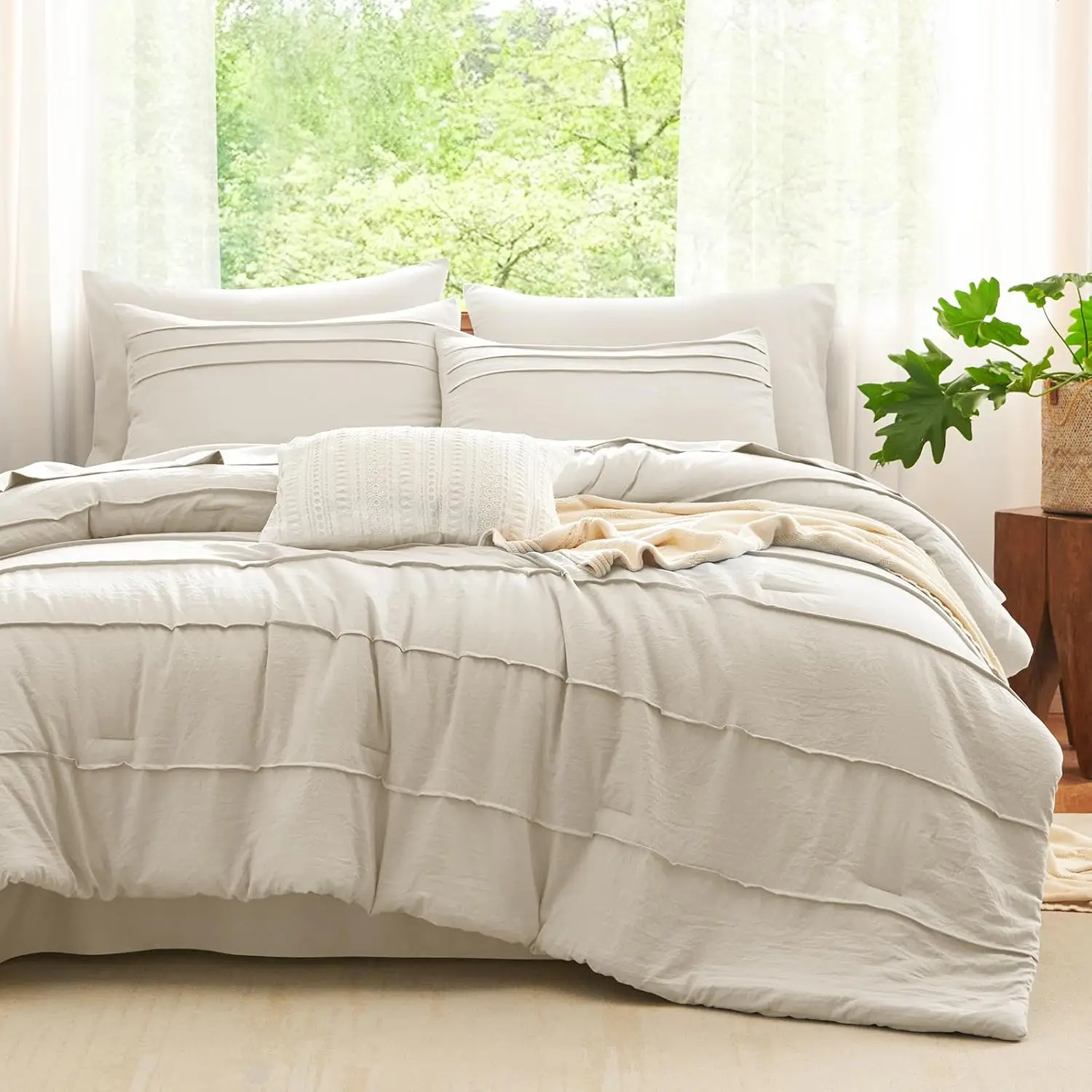 

King Size Comforter Set Beige 7 Piece Pinch Pleat Bed in a Bag with Sheets
