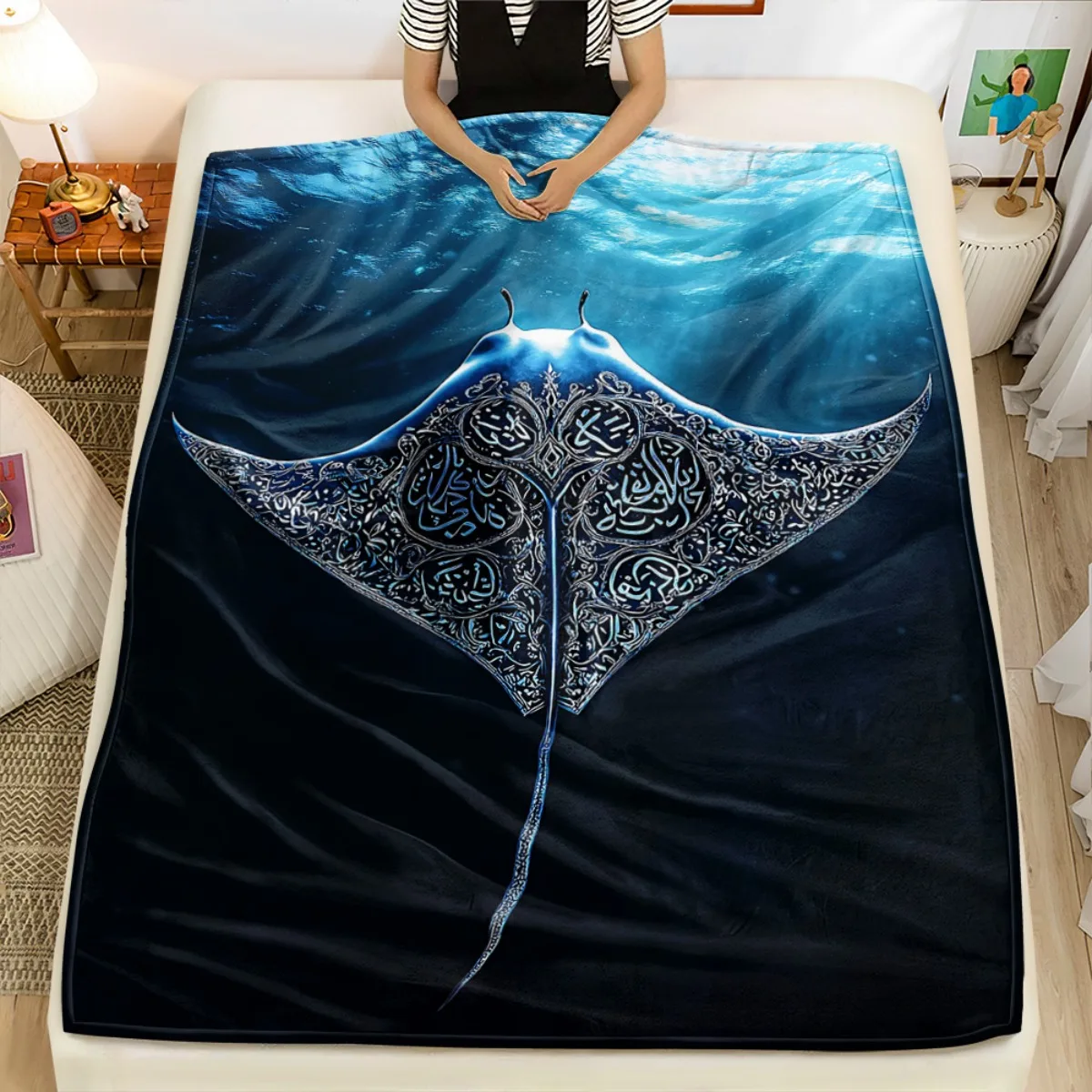 Custom Manta Ray Fleece Blanket Personalized Name Text Arabic Calligraphy Print Throw Soft Warm All Season Bedding Gift