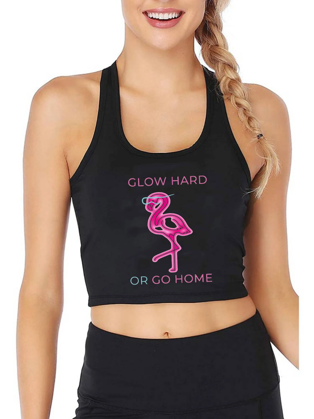 

Funny Neon Flamingo Techno Rave EDM DJ Gift Music Crop Top Women Personality Customizable Tank Tops Gym Fitness Camisole