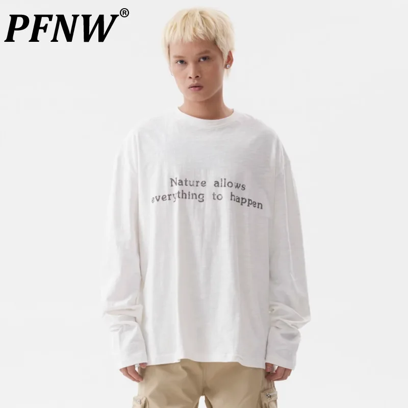 

PFNW Male American Lazy Style Printed Letter T-shirt Street Vintage Round Neck Long Sleeve Loose Casual Men's Tops Chic 28W4416