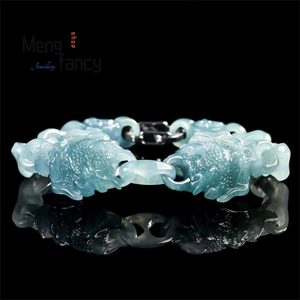 

Natural A-grade Jadeite Blue Water Powerful Double Dragons Interlocking Ice-type Jade Bracelet High-grade Luxury Fashion Jewelry
