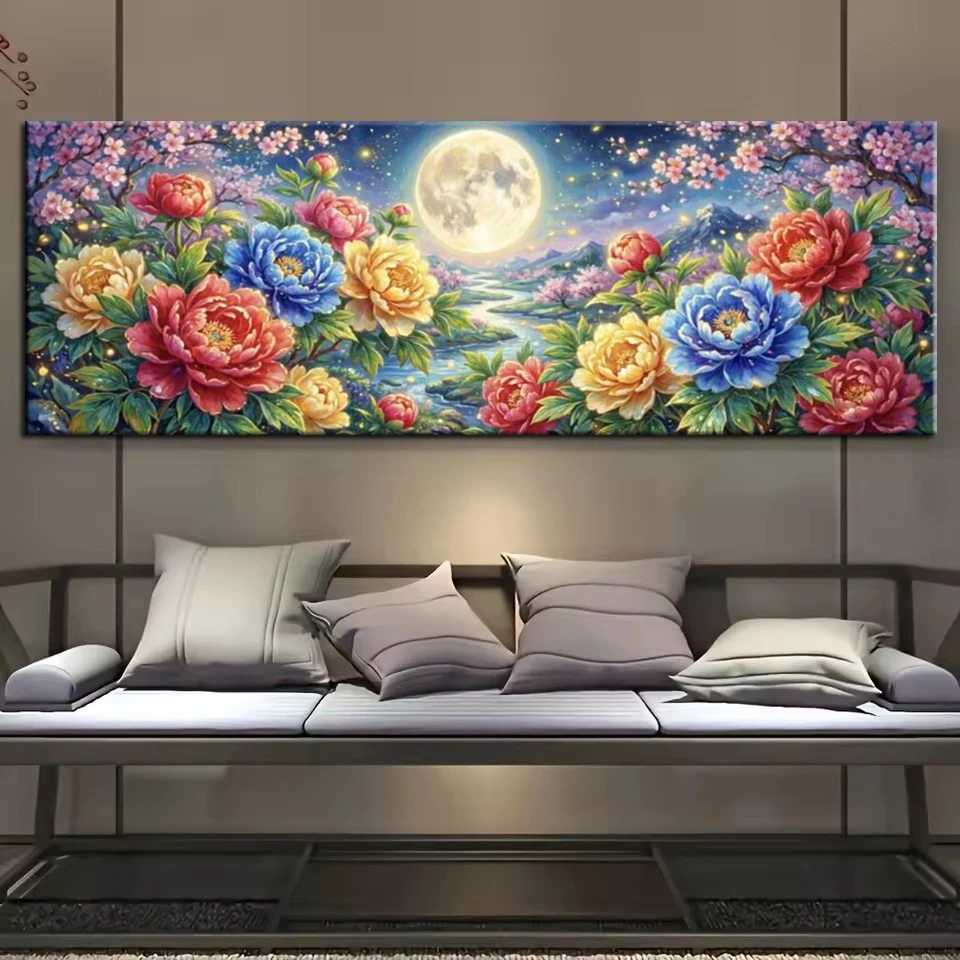 

Large Size 5D Diy Diamond Painting Beautiful Moon River Peony Flowers Picture Diamond Mosaic Rhinestone Embroidery Cross Stitch