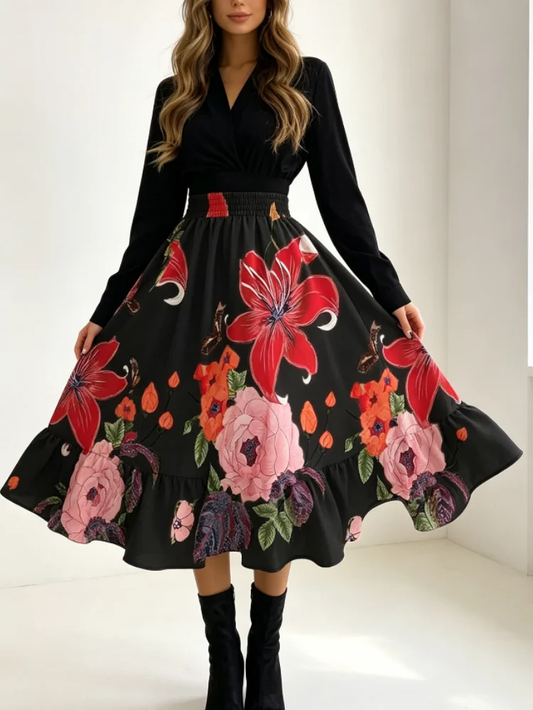 2026 New Women's Mid-Length Dress – High Elastic Waist, Loose Drape, Lightweight and Wrinkle-Resistant, Black Base with Pink-Red Large Floral Butterfly Print, Asymmetrical Ruffled Hem, Perfect for Daily Wear and Vacation Swing Dress