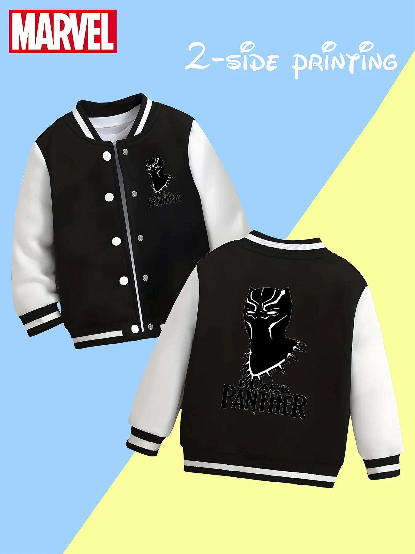 

MINISO Marvel Boys' Baseball Jacket - Black Panther cool print, double-sided pattern, comfortable fabric, black and white, trend