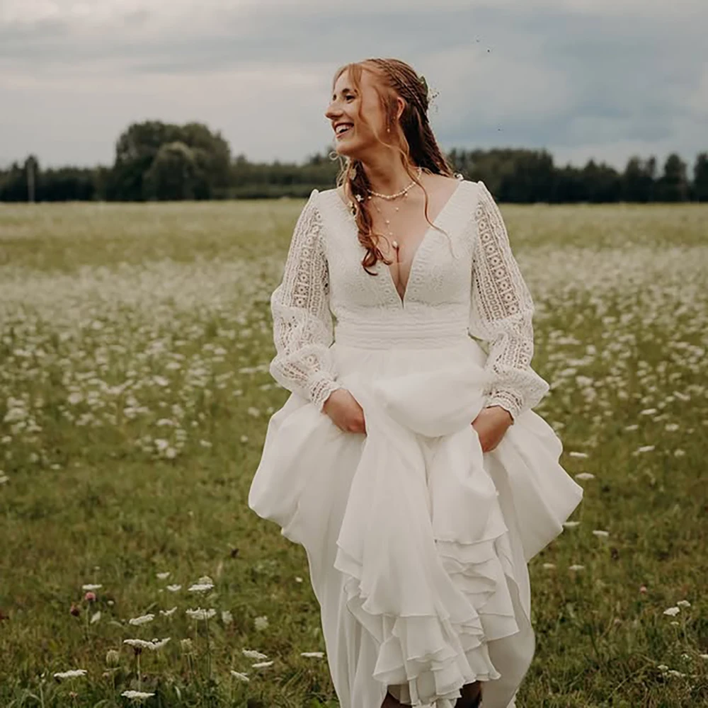 Unique Lace Long Puff Sleeves Customized Bridal Dress A Line Chiffon Sweep Train Plunge V High Slit Boho Plus Size Wedding Gowns