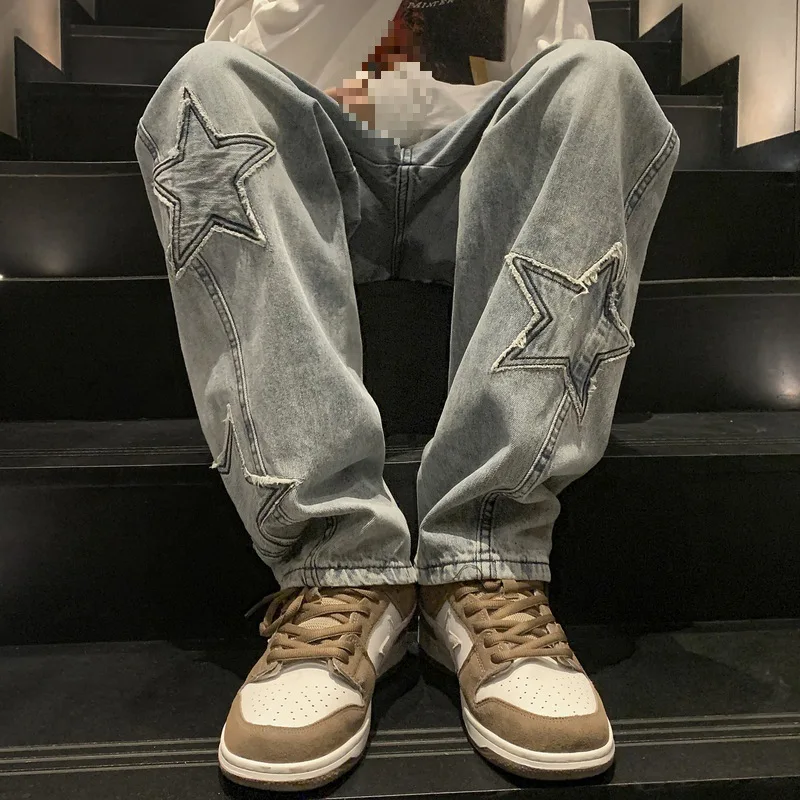 European and American Style Star Sticker Jeans Men's Loose Straight Teen Hip Hop Wide-leg Dad Pants Baggy Jeans