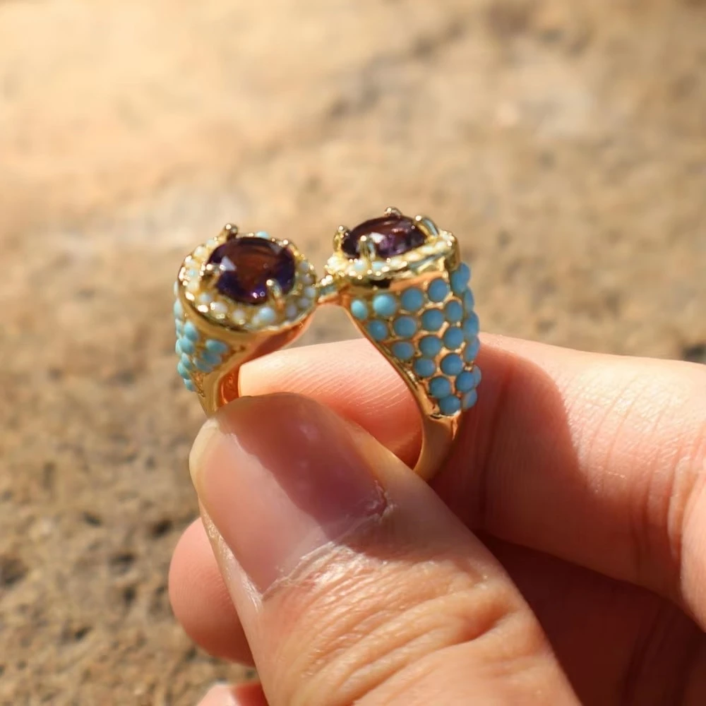 A 14k gold turquoise purple zircon punk ring, couple's holiday gift, purple accessory view 5