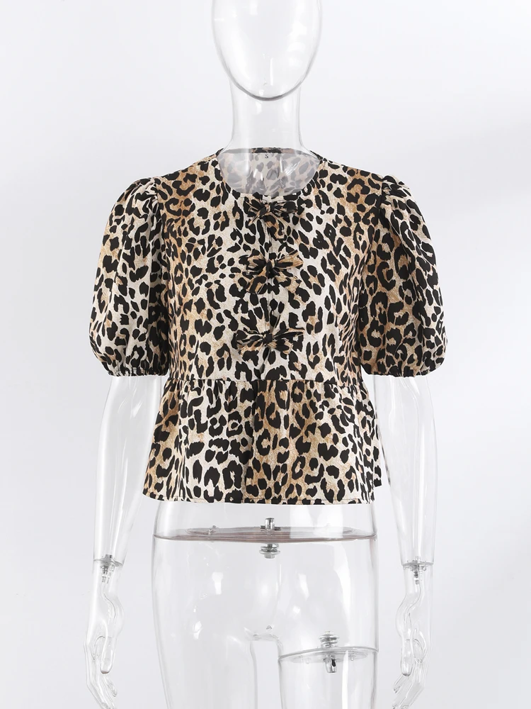 Casual Leopard Print Shirt Top Women Bow Lace Up O-neck Short Puff Sleeve Female Blouses 2024 Fashion All-match Street Lady Tops